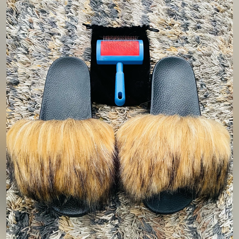 Faux Fur Black and Brown Slippers
